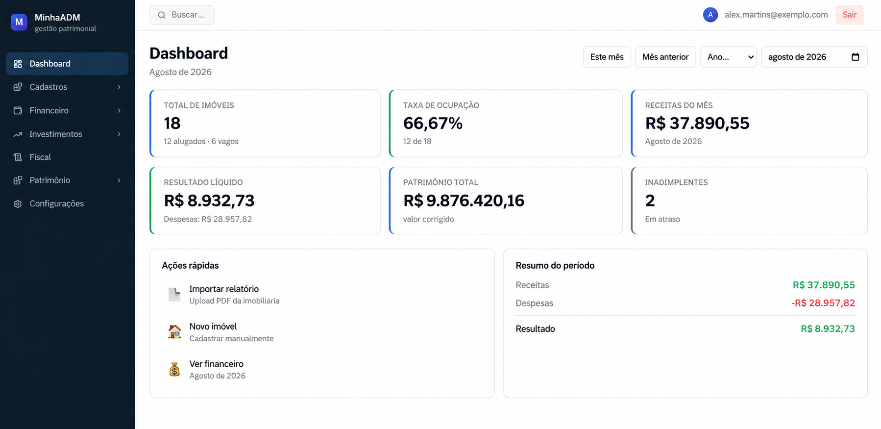 Dashboard do MinhaADM com patrimônio total, resultado líquido e pendências
