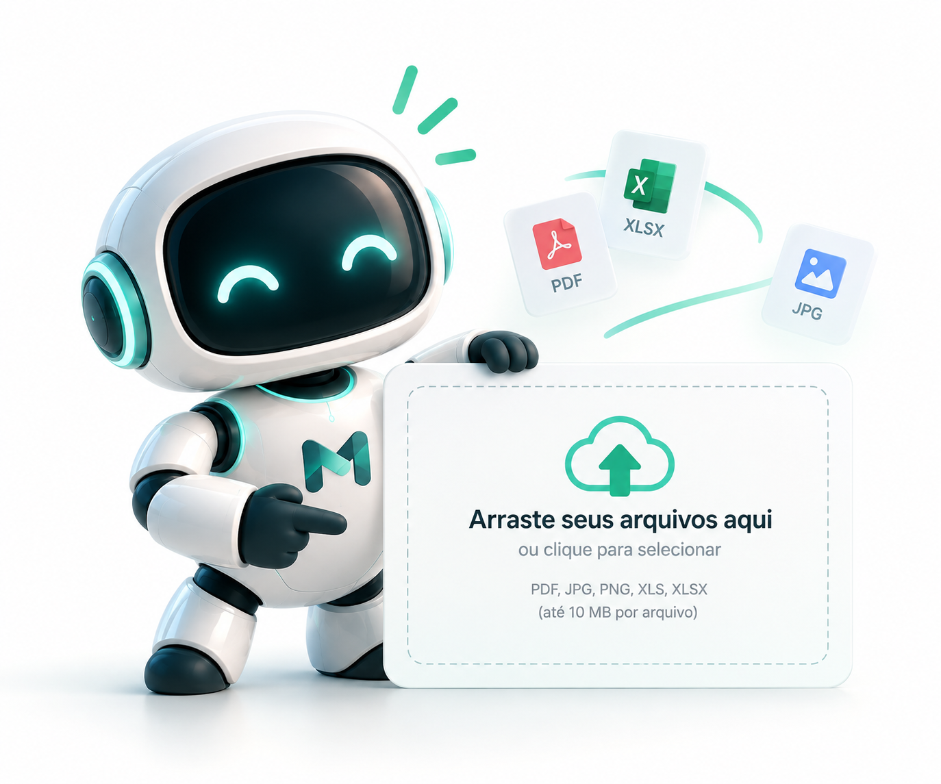 Robô do MinhaADM apontando para a área de upload de arquivos PDF, XLSX e JPG